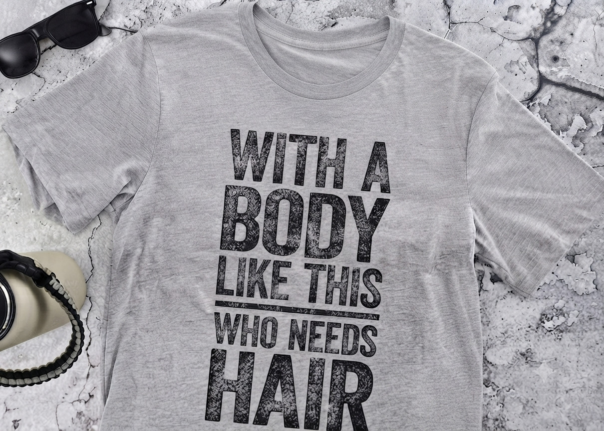 Funny Men’s T-Shirt With A Body Like This Who Needs Hair Retro Dad Joke Gift