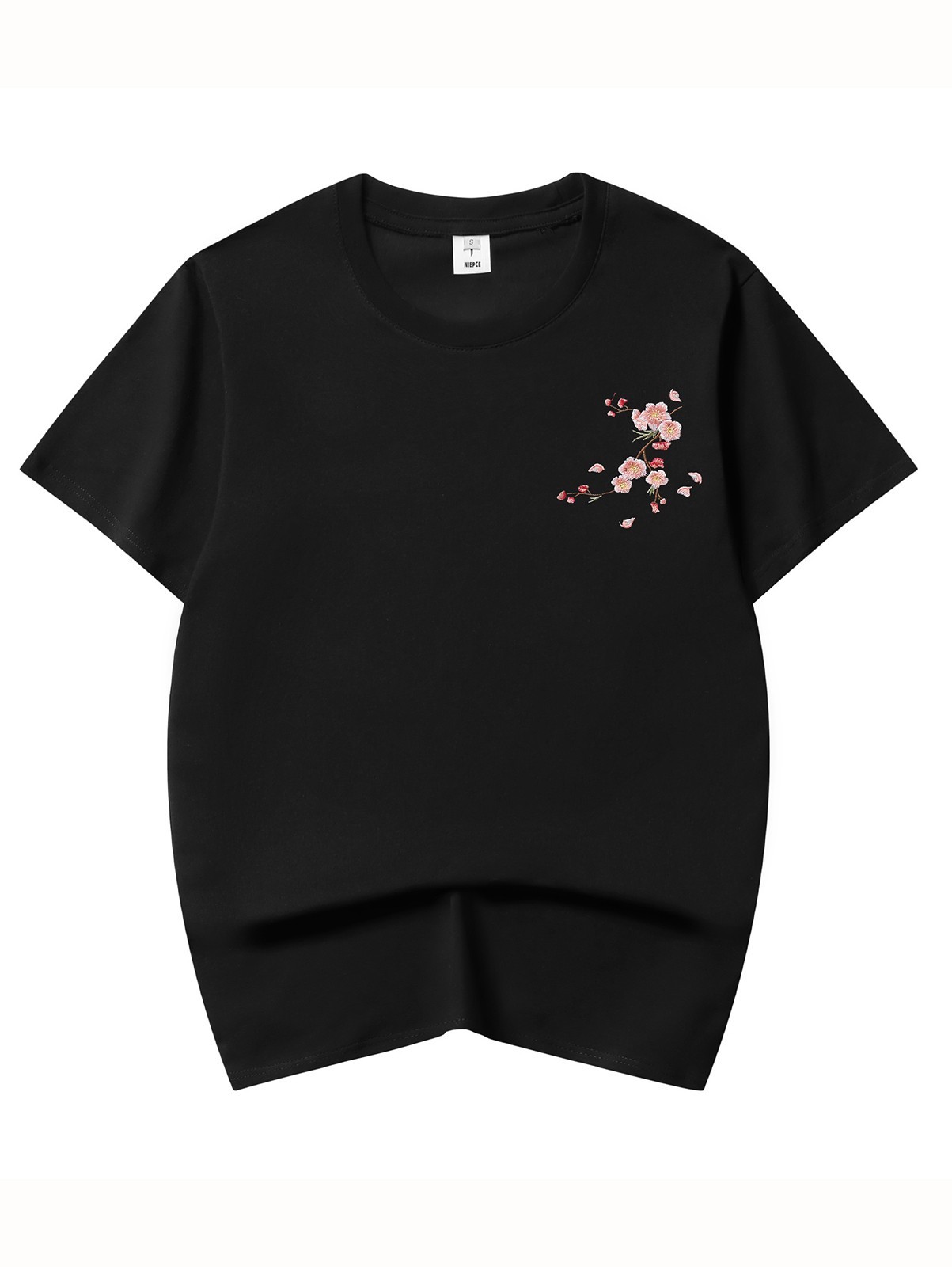 Niepce Men’s Sakura Flowers Embroidery Tee Japanese Streetwear T-Shirt