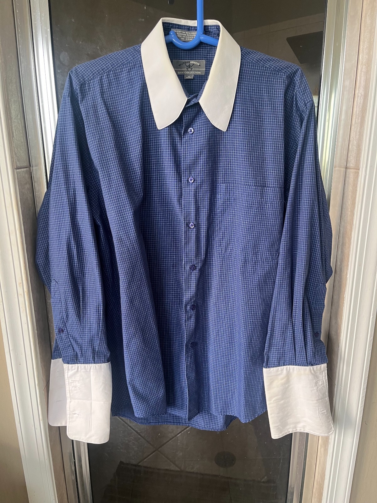 URBAN ARROW City Collection Contrast Collar Check Blue Dress Shirt Size 16 32/33