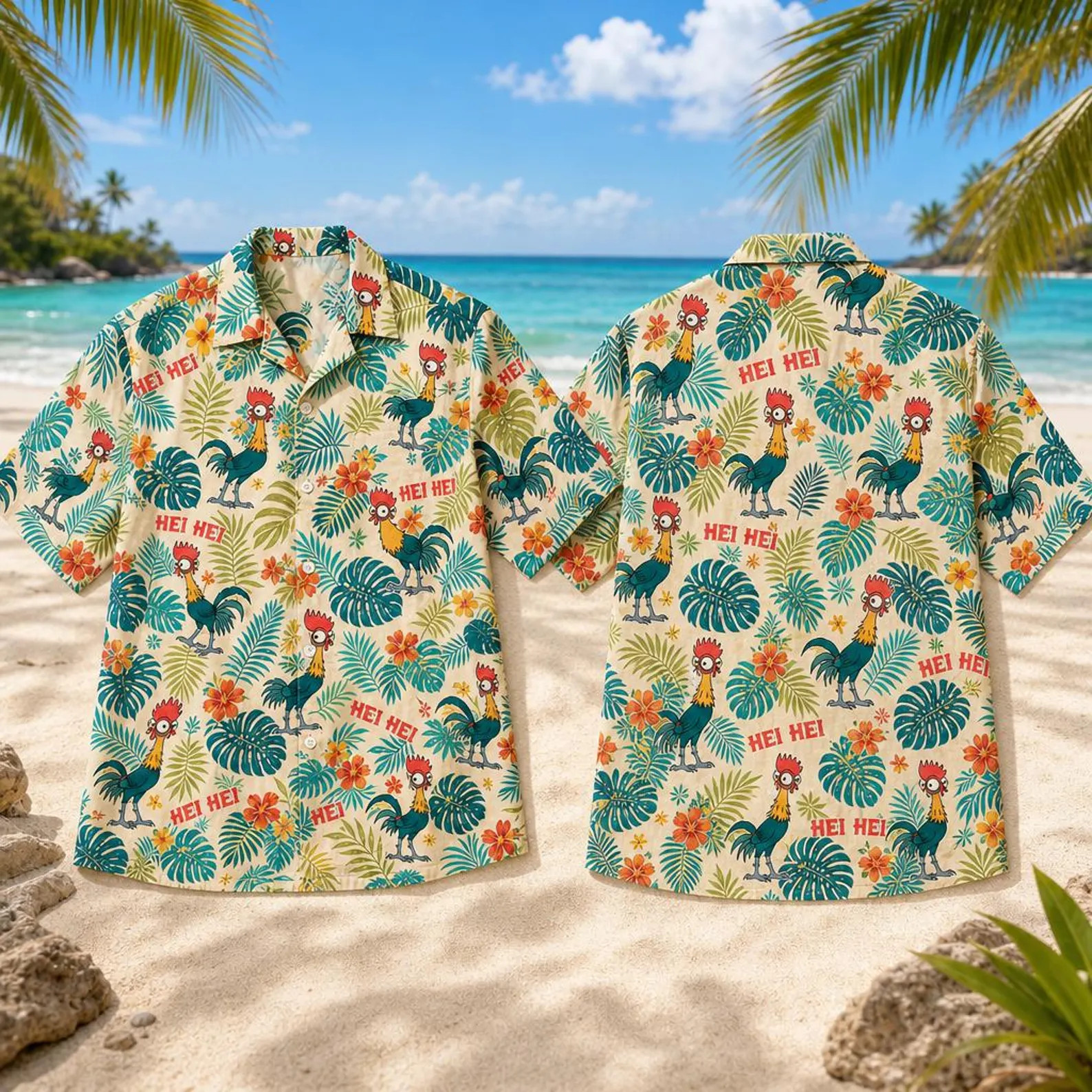 Hei Hei Chicken Tropical Hawaiian Aloha Shirt, Floral Summer Beach