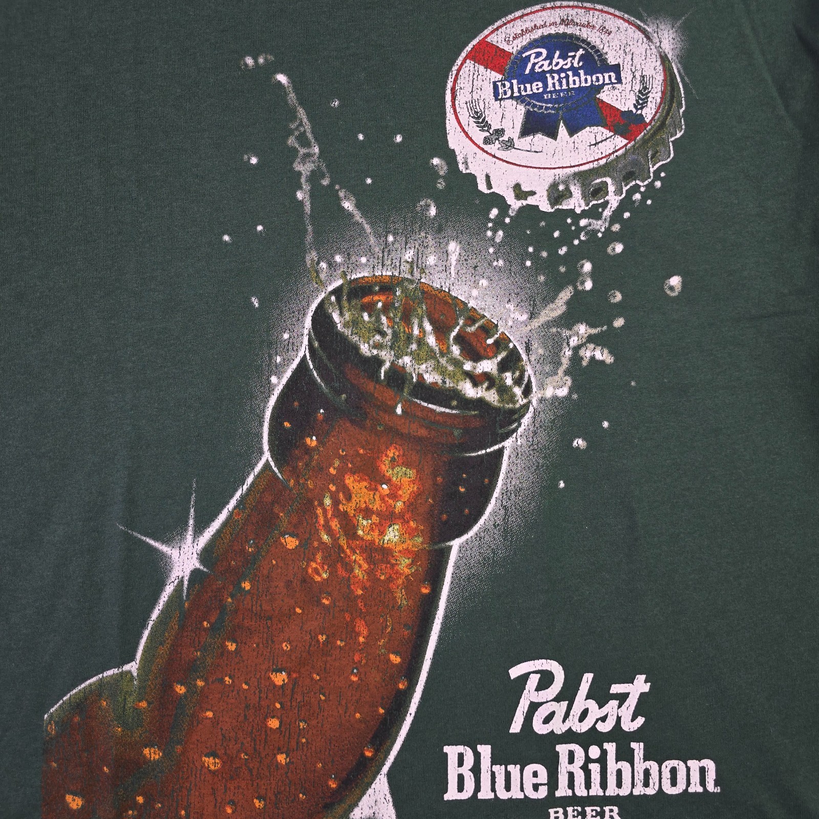 PBR Pabst Blue Ribbon Beer Shirt Mens Large Green Casual Distressed Bottle NWT