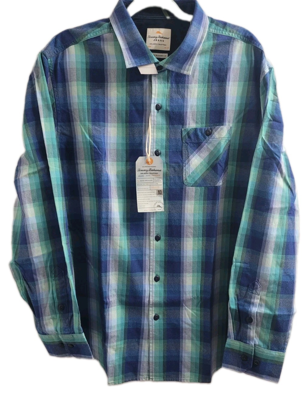 NWT Tommy Bahama Jeans Island Crafted Plaid Shirt XL Blue Green Modern Fit