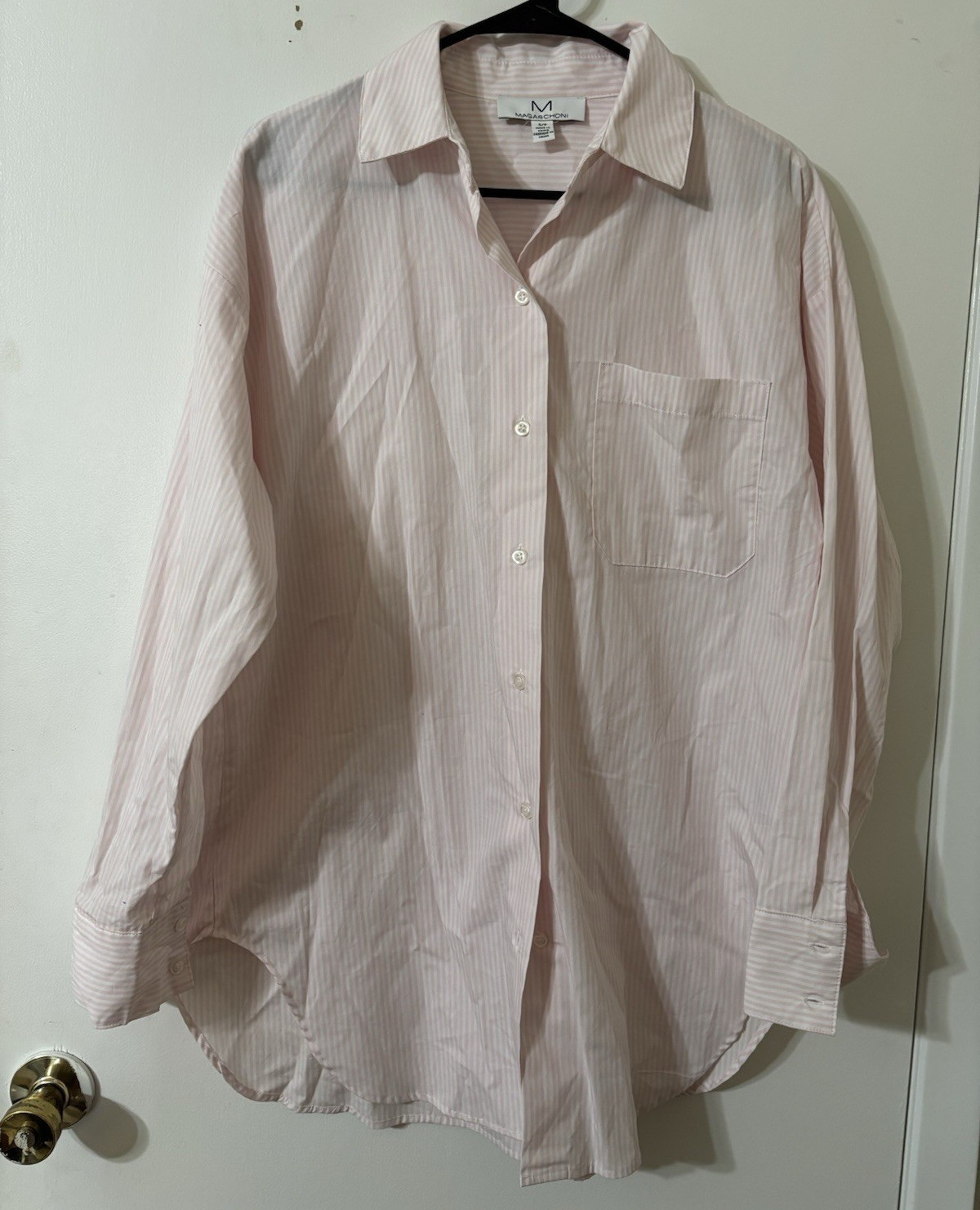 Magaschoni women’s S Pink/White Striped Long Sleeve Button-Up Shirt Pockets