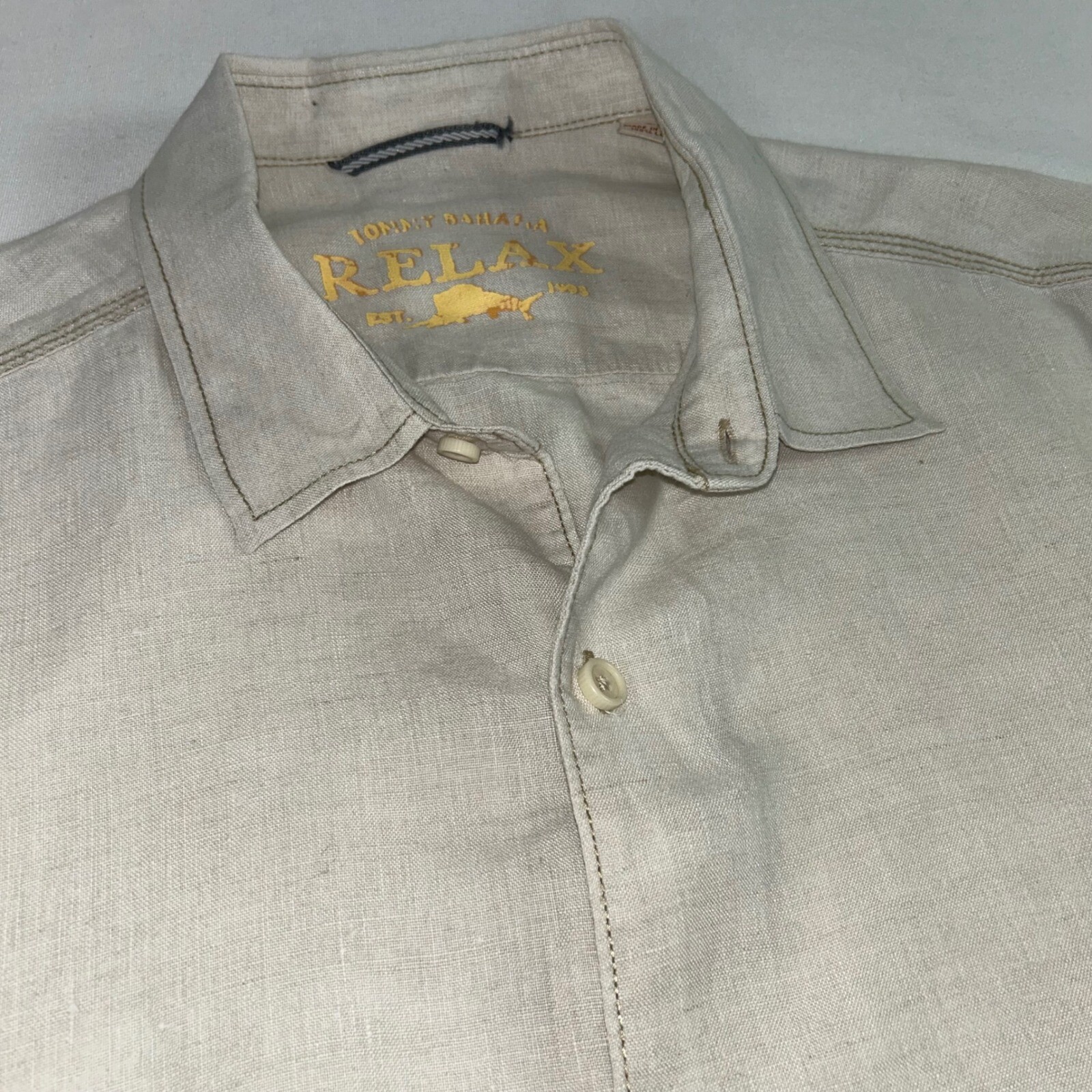 Tommy Bahama Relax Linen Button Up Short Sleeve Camp Shirt Beige Large