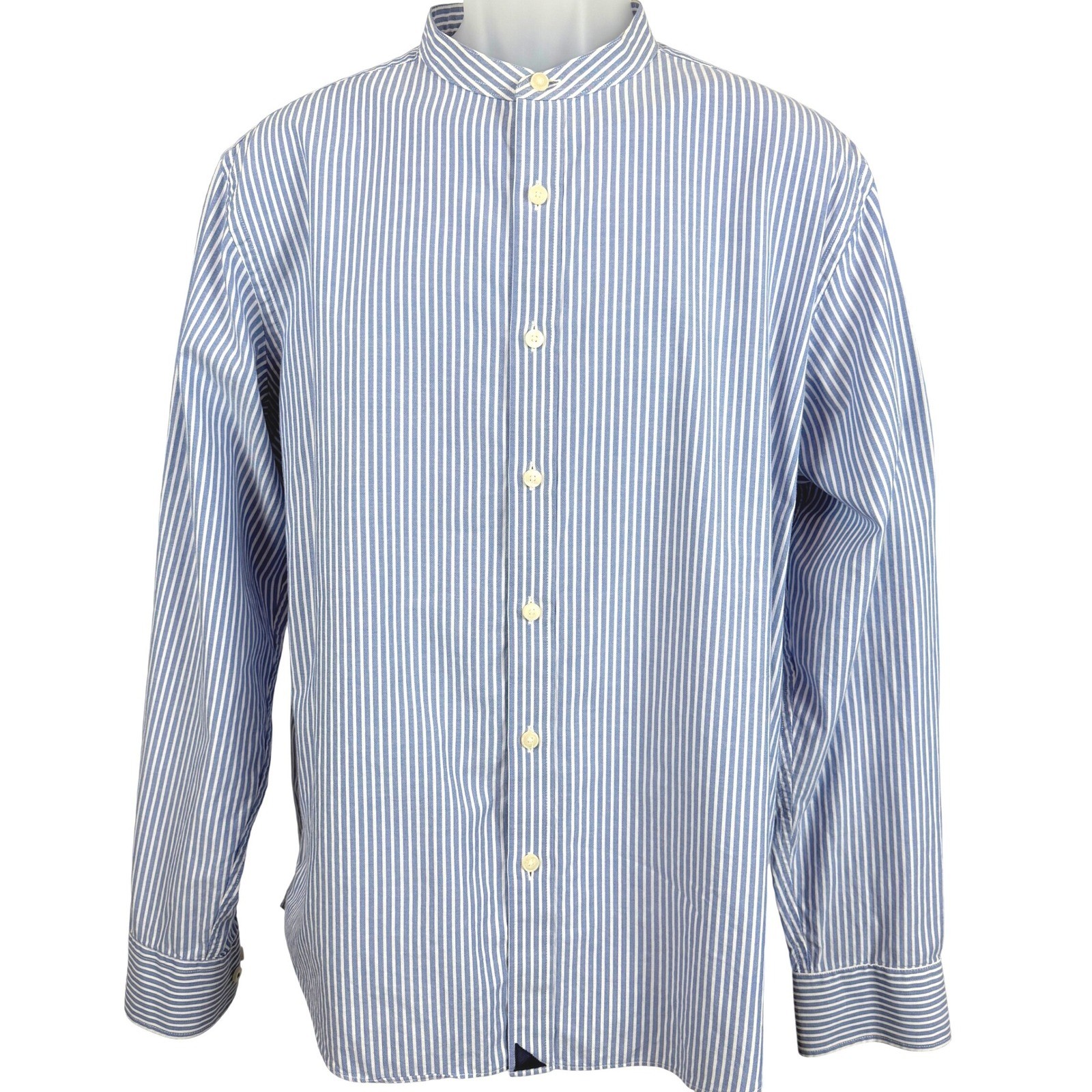 UNTUCKit Carlson Band Collar Shirt Large Blue White Stripe Cotton Button Front