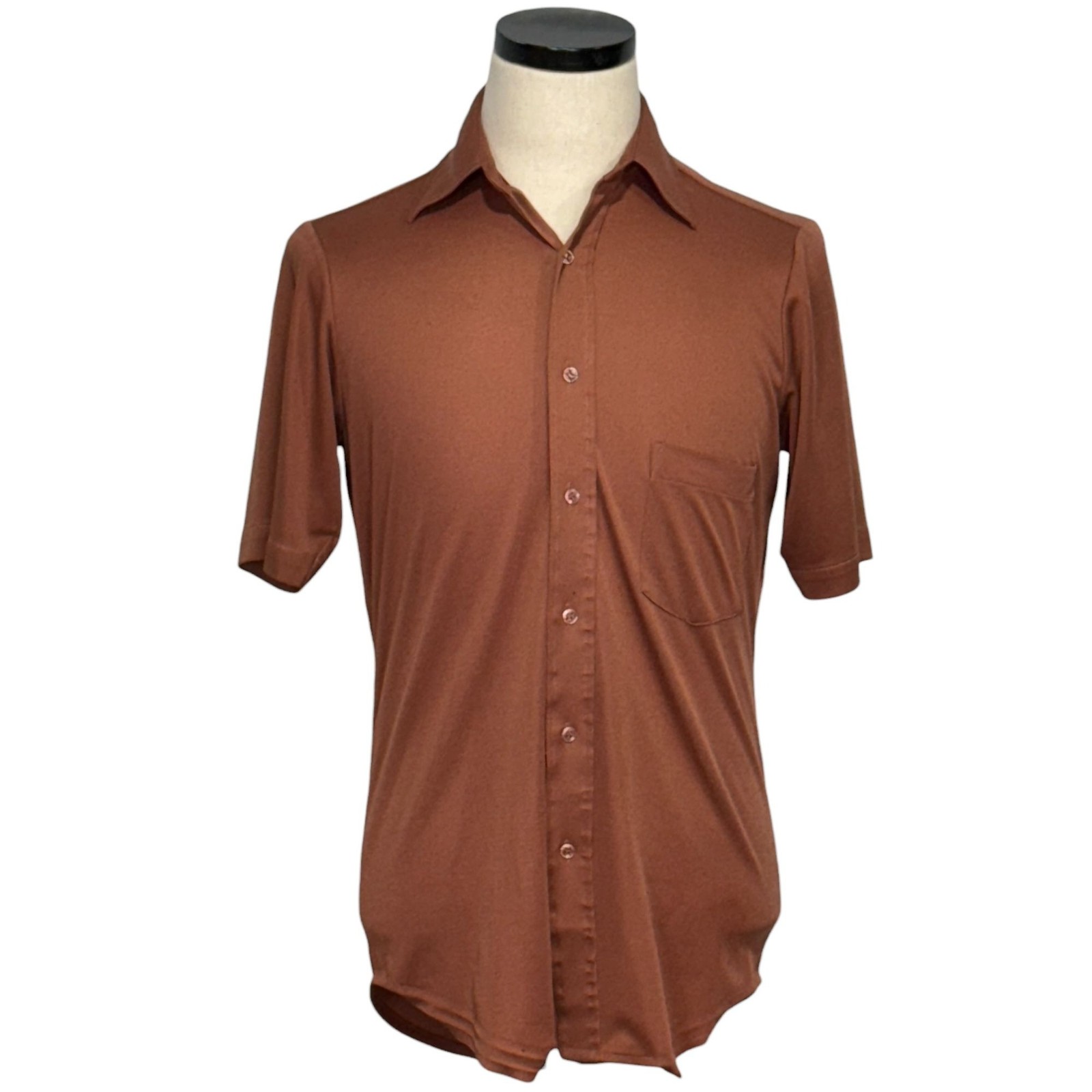 Ultrassa Knit Mens 60s Brown Short-Sleeve Button-Down Shirt Size 15 Polyester