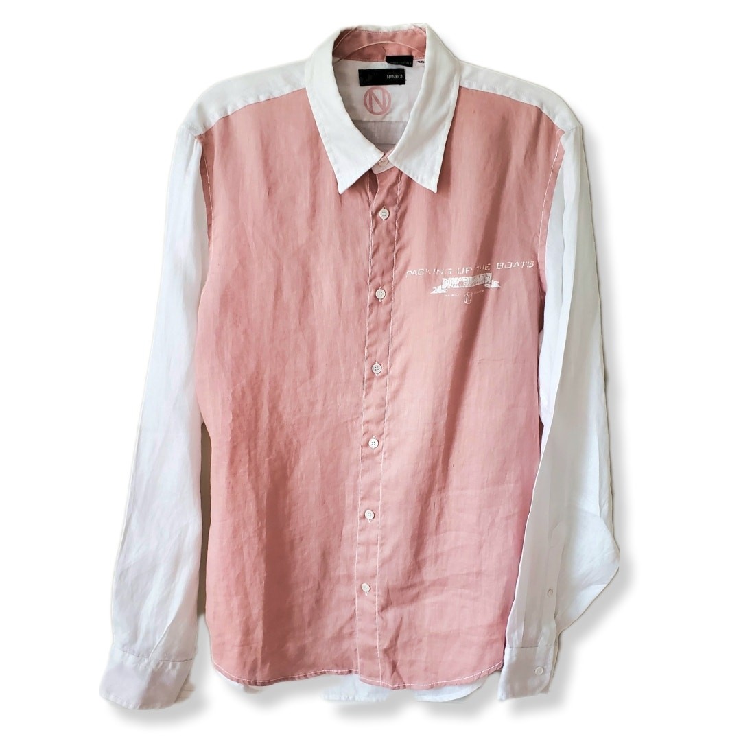 NaniBon Italy Linen Button Shirt M Color Block Classic European Preppy Natural