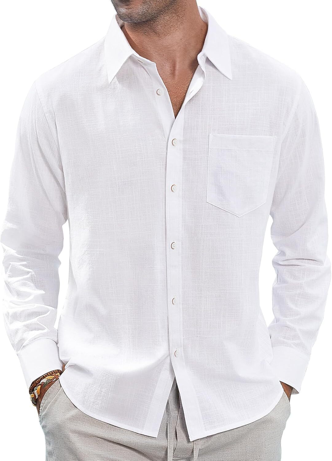 Men’s Summer Linen Shirt – Long Sleeve Casual Spread Collar Beach Button Down
