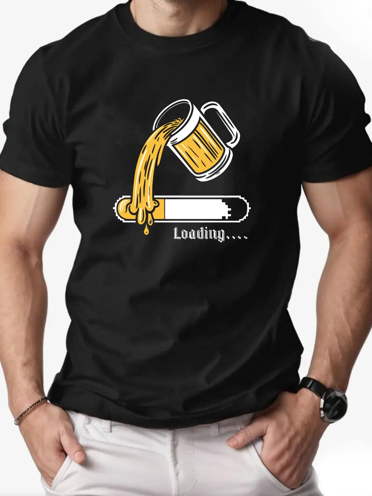 Casual black T-Shirt-Beer Graphic,Slight Stretch – Regular Fit