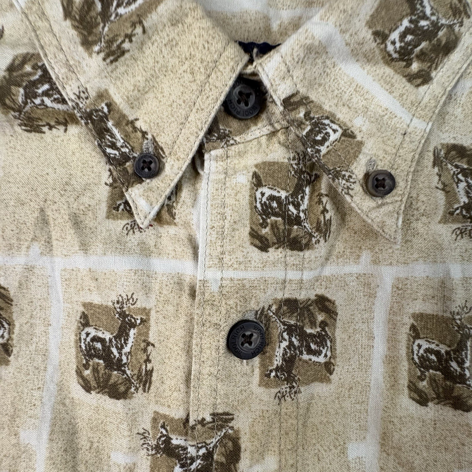 Woolrich Men’s XL Tan Deer AOP Button Down SS Outdoor Shirt SEE DESCRIPTION