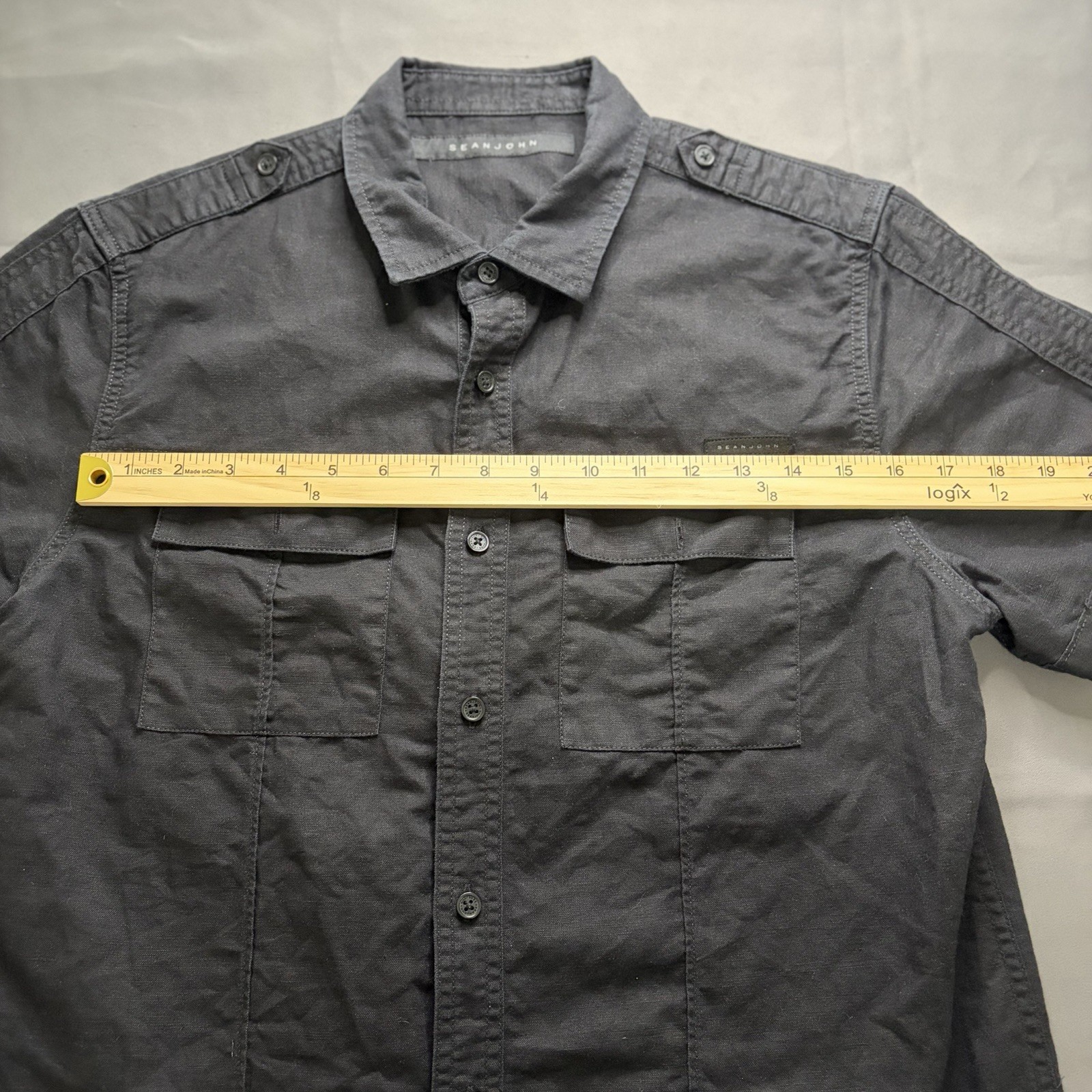 Sean John Men’s Black Utility Shirt Size Medium Linen Cotton Short Sleeve
