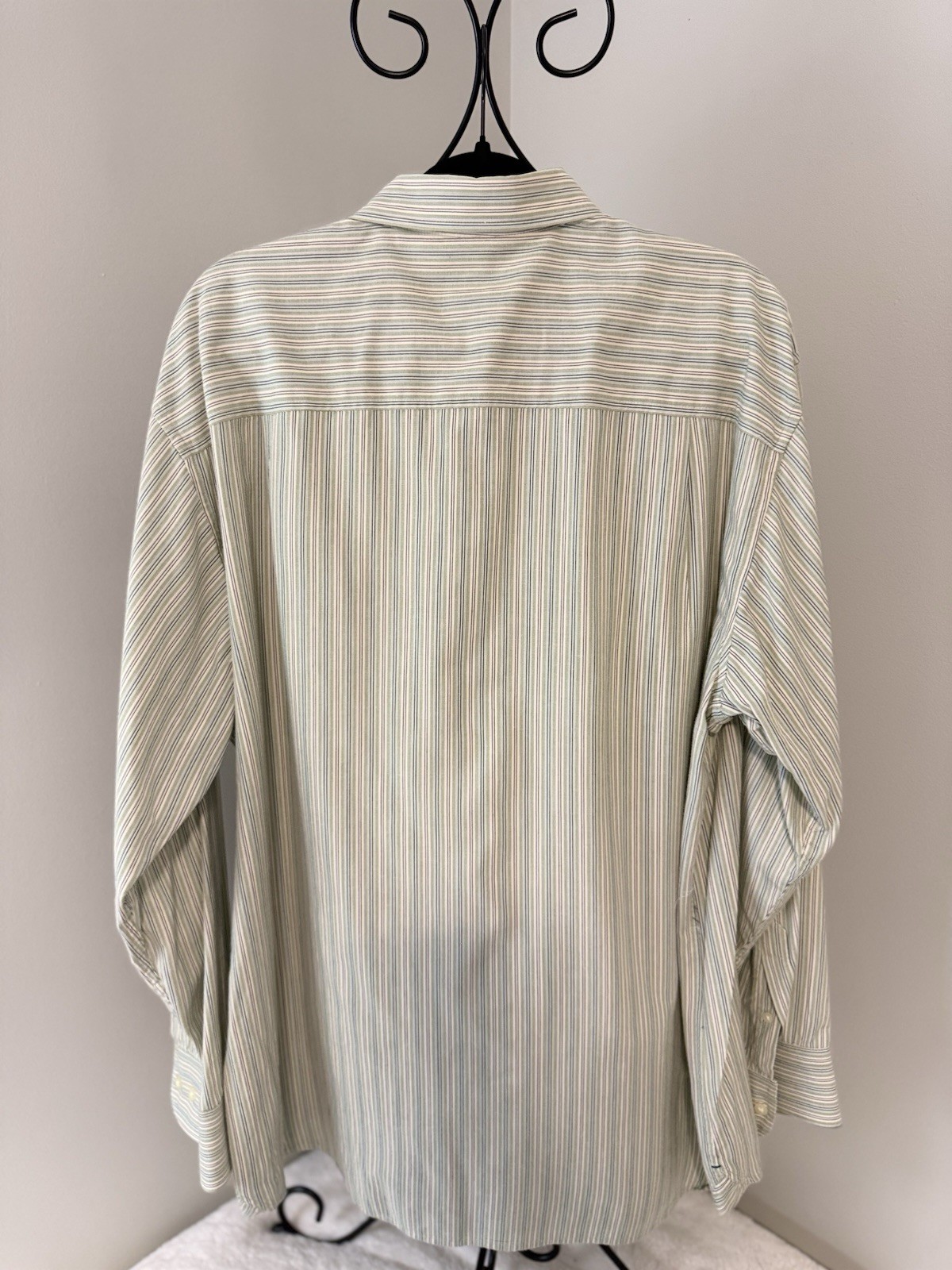 IZOD Saltwater Men’s XL 34/35 Green White Striped Cotton Pocket Dress Shirt