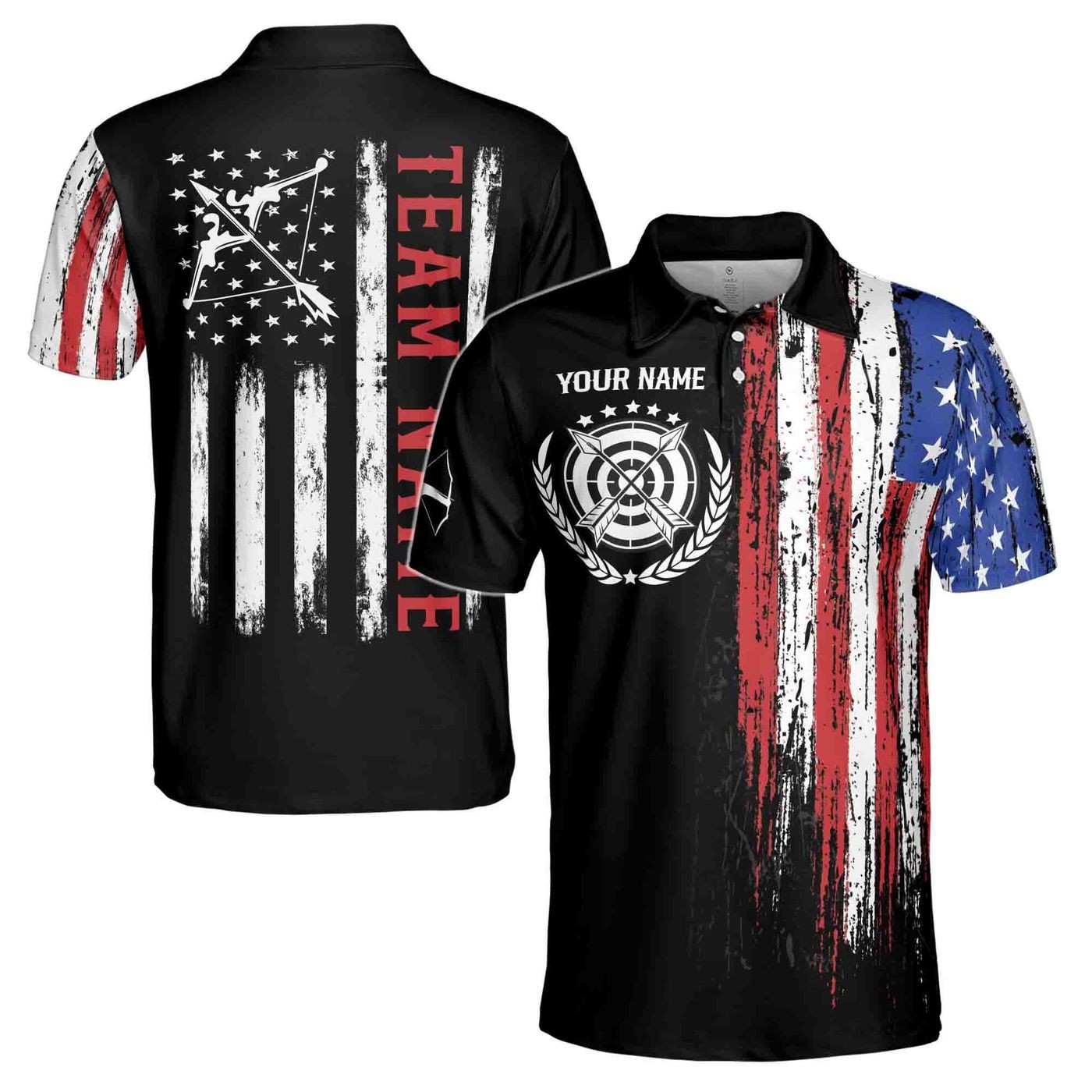 Custom Name Team Name Vintage American Flag Archery Men’s Polo Shirt S-5XL
