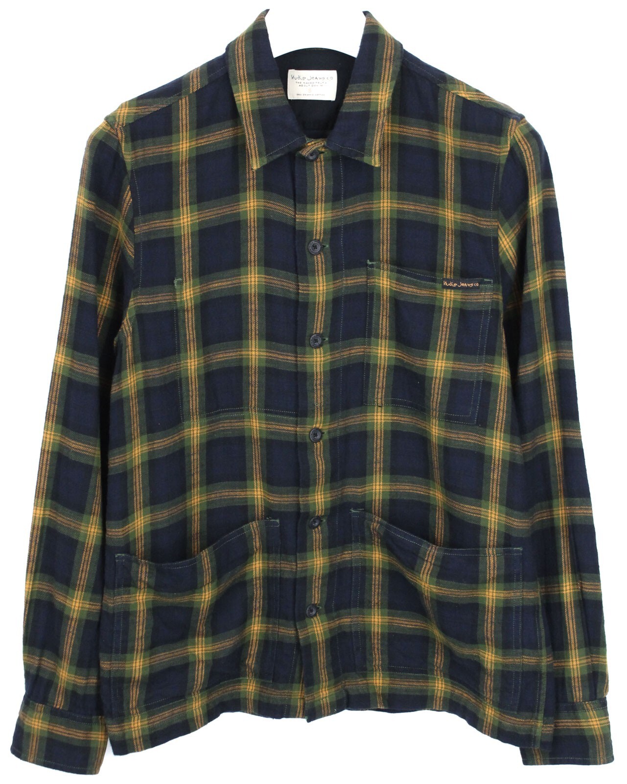 NUDIE Sten Black Watch Shirt Men’s SMALL Pockets Collar Buttons
