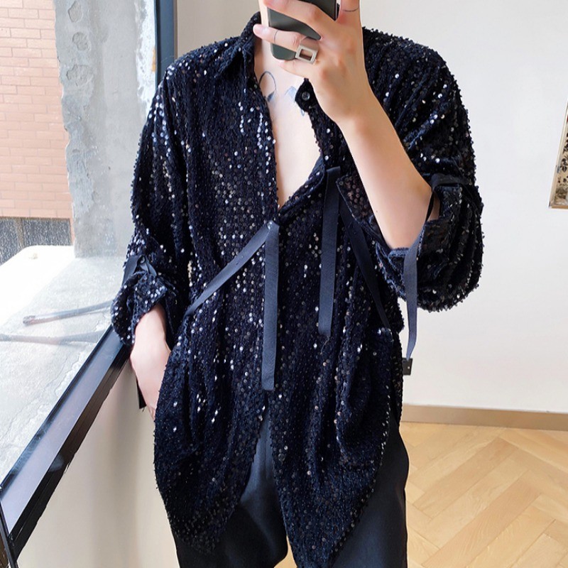 Men Sequined Velvet Button Shirt Long Sleeve Strap Glitter Nightclub Performance