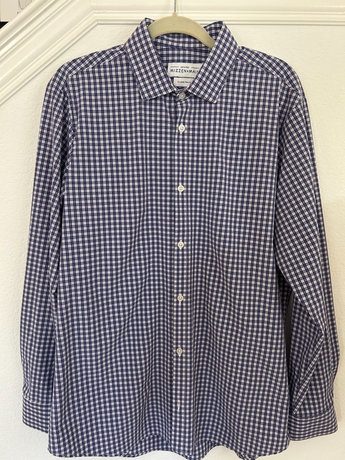 Mizzen+Main Leeward Dress Shirt Men’s XL Trim Fit Blue Red Check Stretch