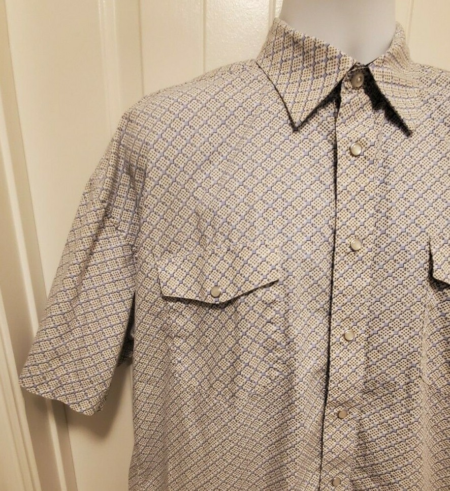 Panhandle Slim Western Shirt Size L Pearl Snap Short Sleeve White Blue EUC