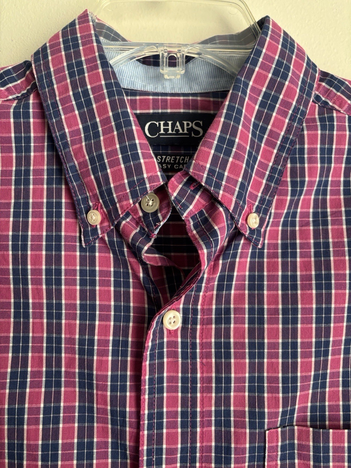 Chaps Plaid Button Down Shirt Men’s LT Pink Blue Stretch Easy Care Long Sleeve