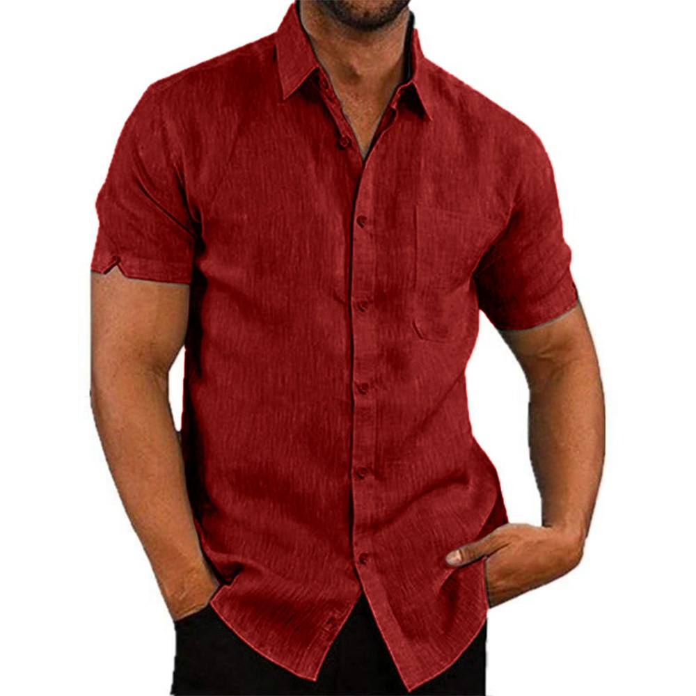 Mens Solid Short Sleeve Button Turn Down Collar Casual Blouse Casual T-shirt Top