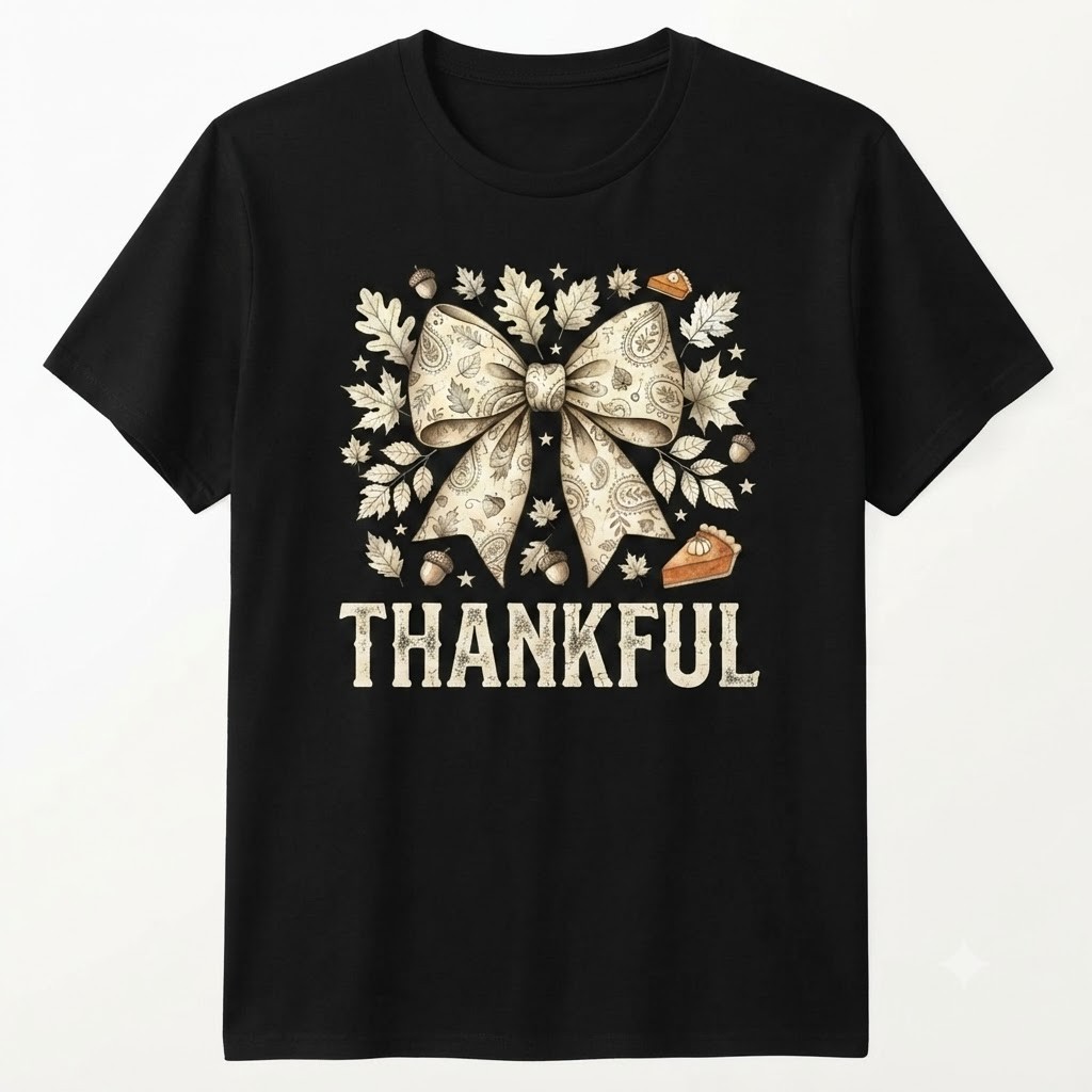 Thankful Autumn Pumpkin Pie Gourd Thanksgiving Bow T-shirt