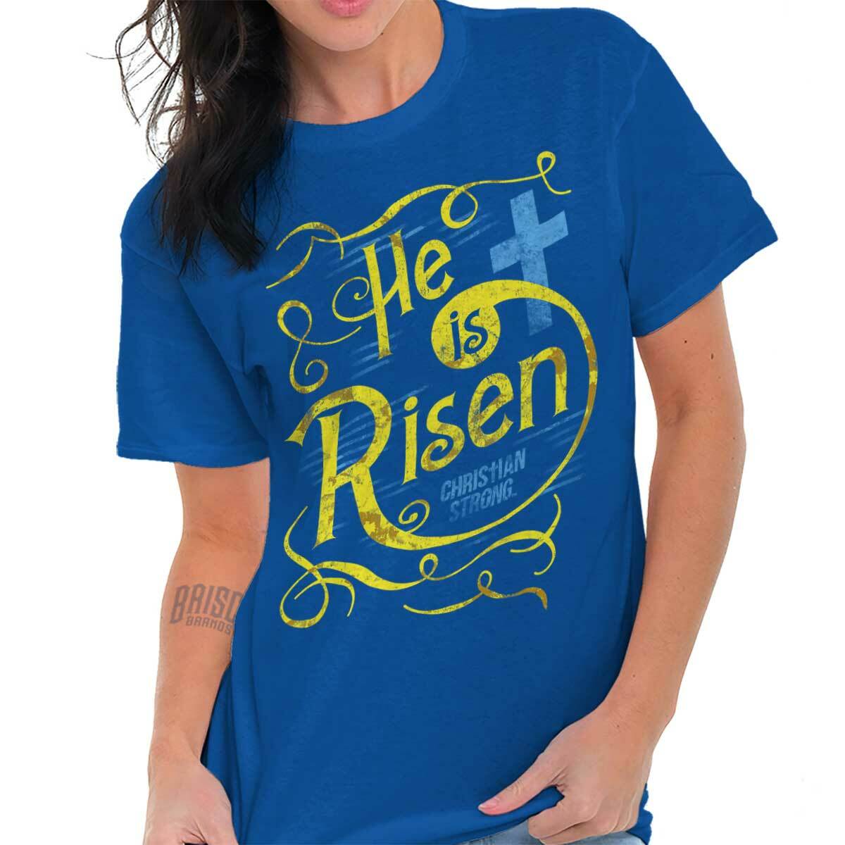 Christian Strong Faith He Is Risen Cross Womens Graphic Crewneck T Shirt Tee