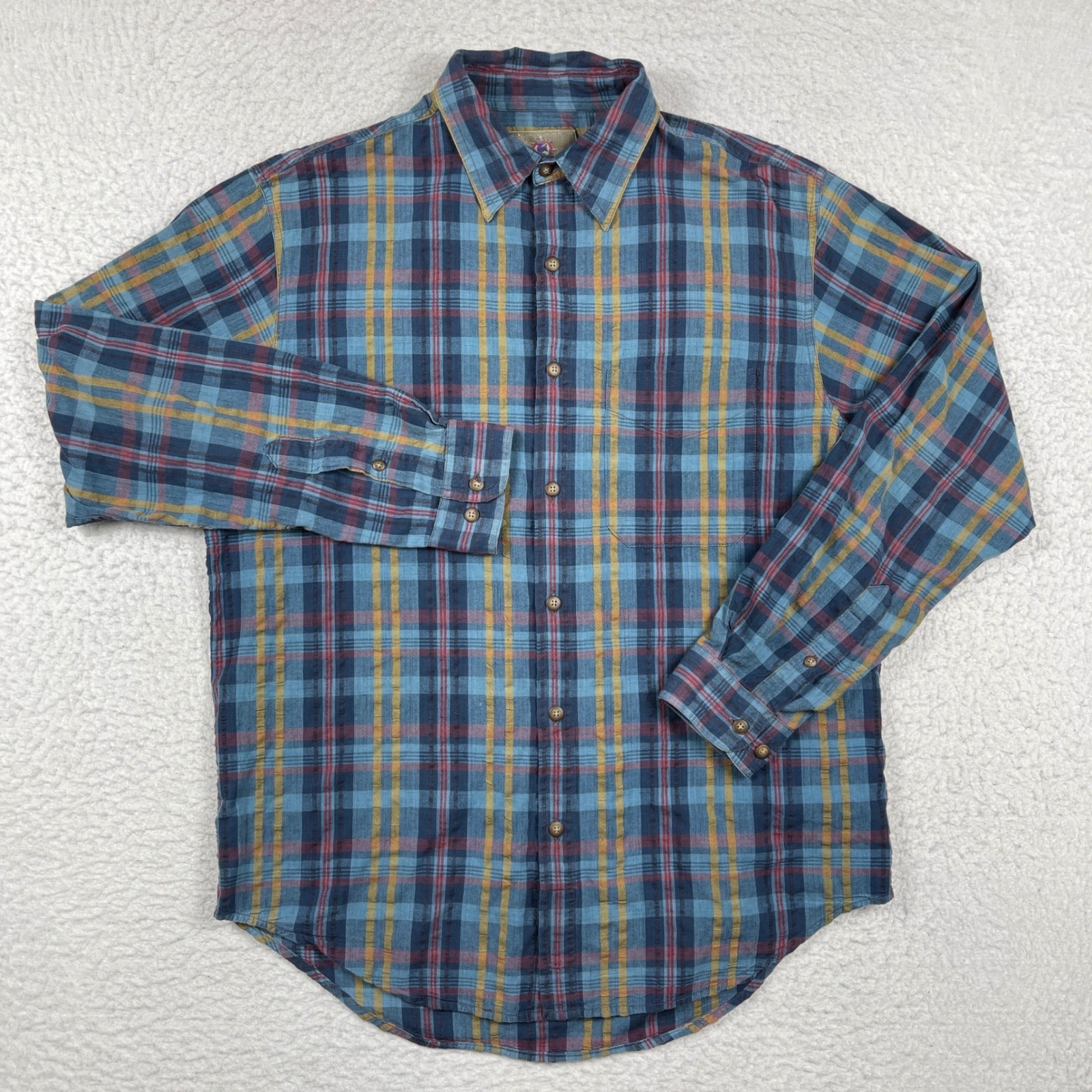 The Territory Ahead Button Down Shirt Mens Medium Blue Red Plaid Textured Cotton