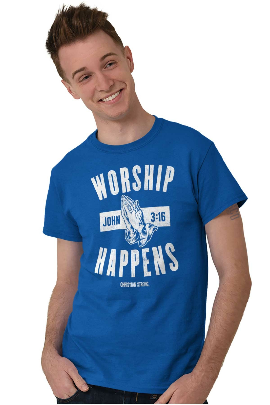 Christian Strong Faith Pray Worship Happens Womens or Mens Crewneck T Shirt Tee