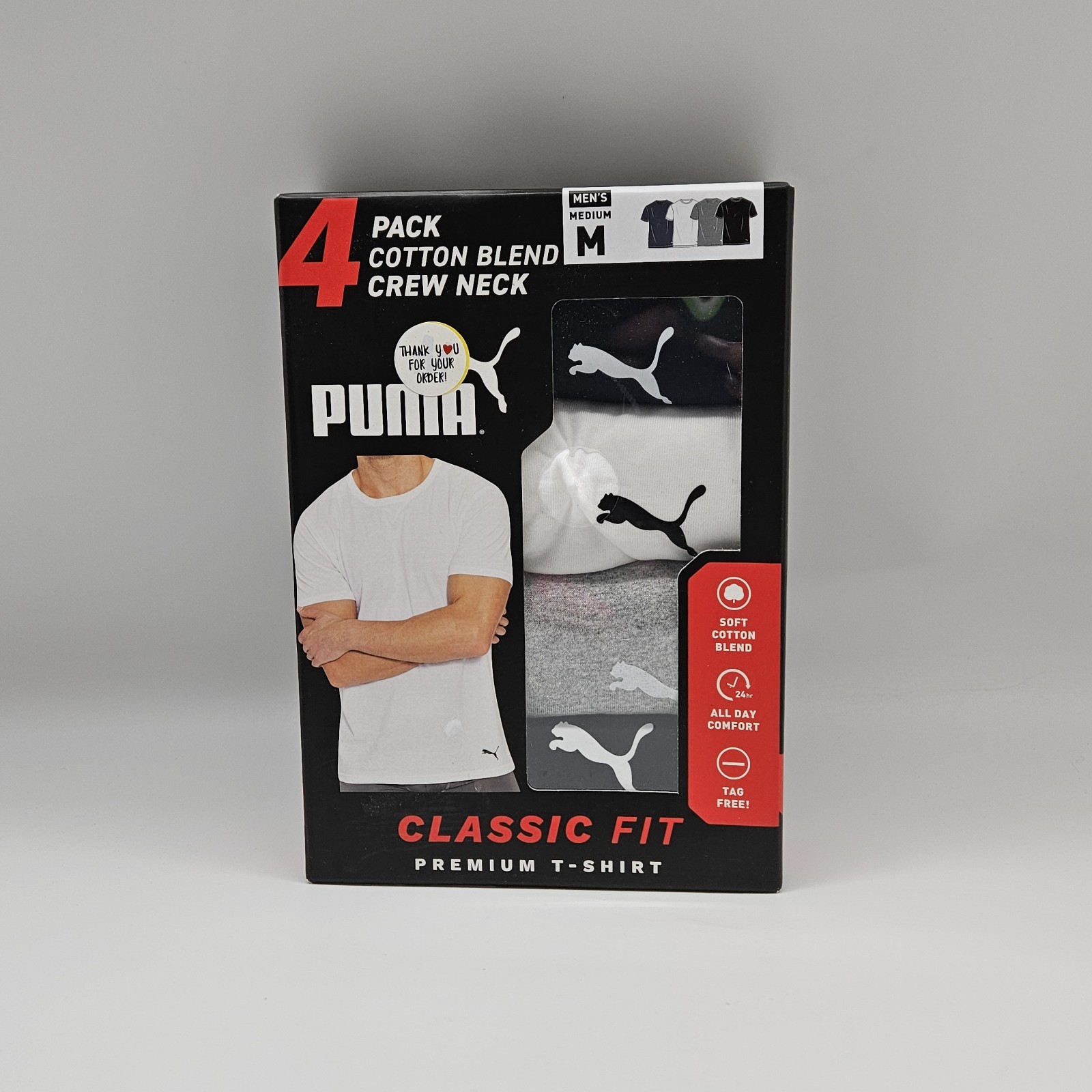 4 PACK PUMA Cotton Blend Crew Neck T Shirts Men’s S M L XL Black Navy White Gray