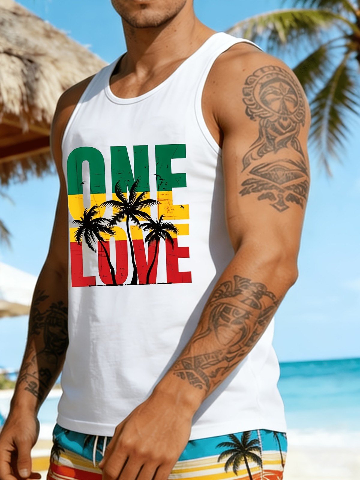 Mens Beach Print Round Neck Sleeveless Tank Top Machine Washable Casual Vest❀