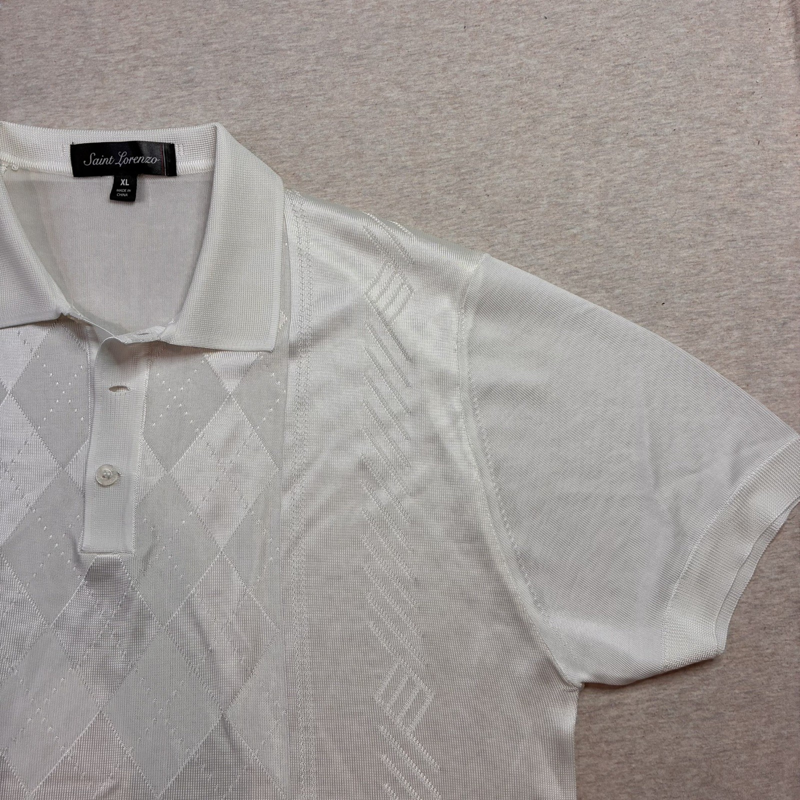 Saint Lorenzo Mens XL White Knit Dress Polo Shirt Textured Argyle Pattern Sheer