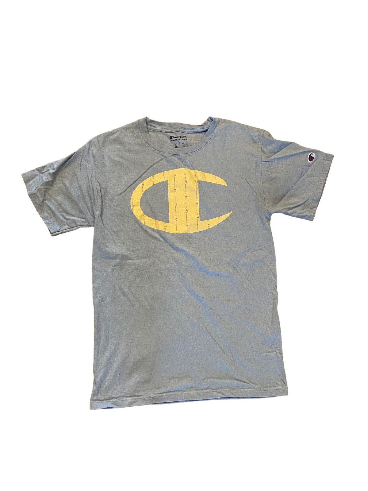 MENS SMALL CHAMPION CLASSIC GRAPHIC T SHIRT LIGHT BLUE & YELLOW