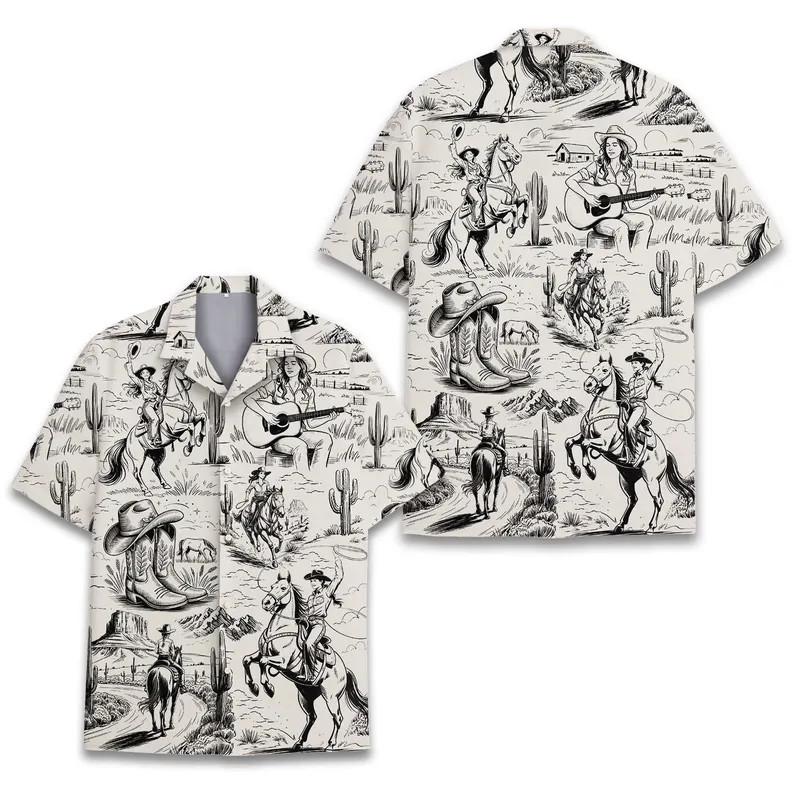 Cowgirl Western Hawaiian Shirt Men Women Rodeo Beach Summer Top