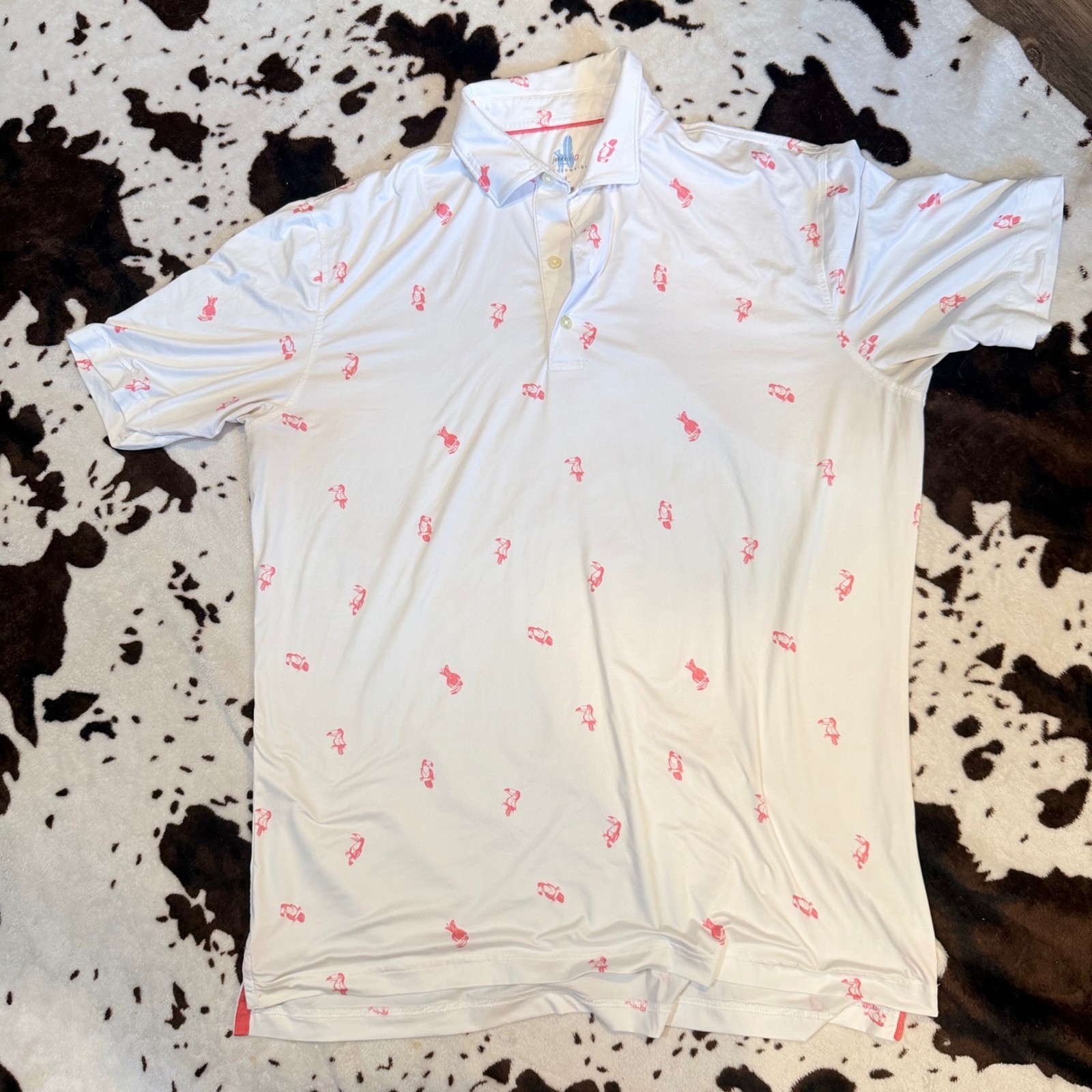 Johnnie-O Polo Shirt Mens Large White Pink Toucan Featherweight Preppy Golf
