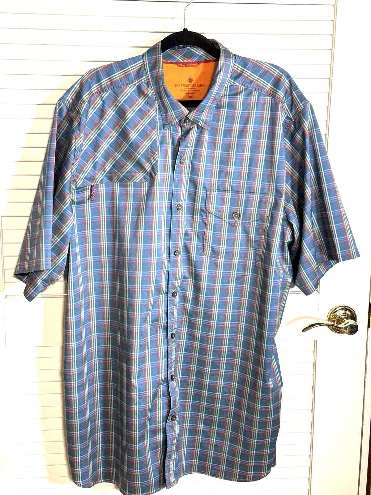 The Territory Ahead Shirt Mens 2XL Blue Plaid Stretch Polyester Spandex EUC