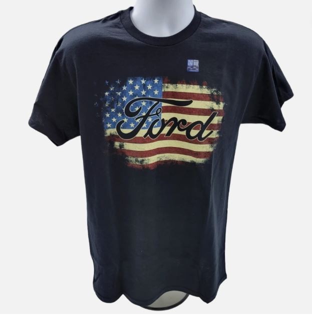 Black T-Shirt w/ Black Ford Script / Emblem w/ American Flag Background