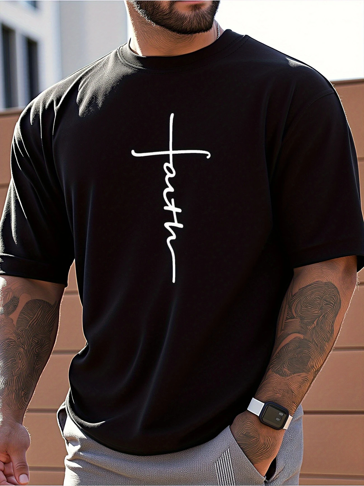 100% Cotton Men’s Faith Cross Print Short Sleeve T-Shirt | Breathable Loose Fit