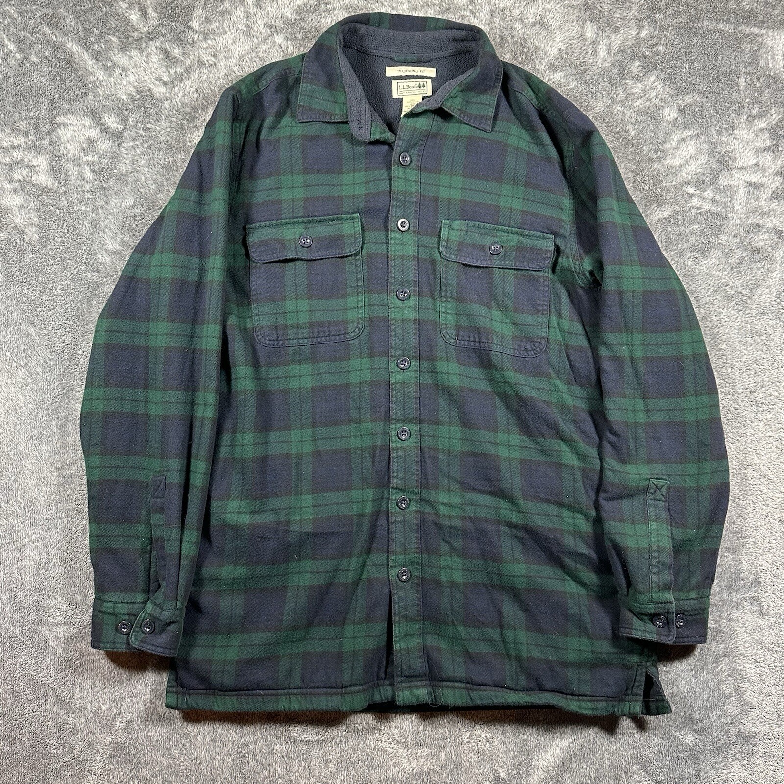 LL Bean Flannel Shirt Mens Medium Tall Green Plaid Fleece Lined Shacket Jacket