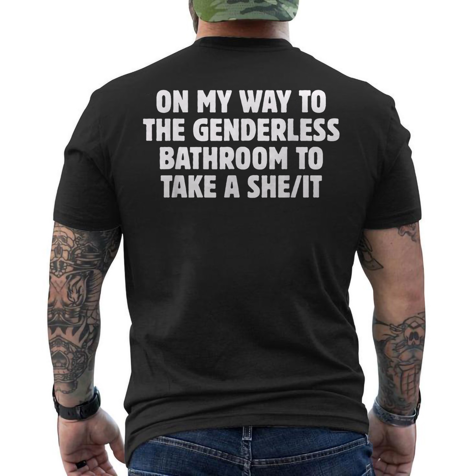 On My Way To The Genderless Bathroom To Take, Funny Inclusive Humor ON BACK Tee