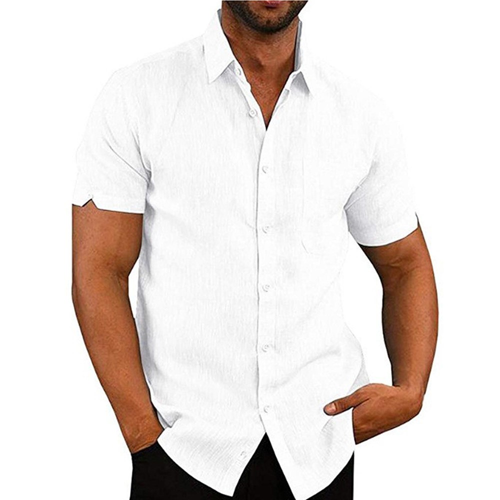 Mens Solid Short Sleeve Button Turn Down Collar Casual Blouse Casual T-shirt Top
