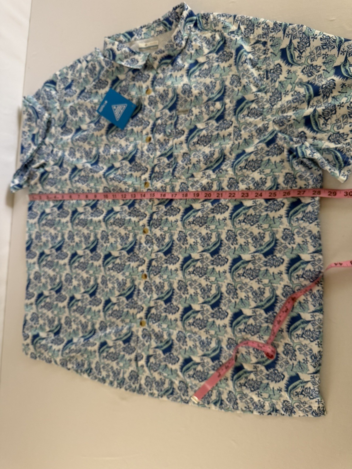 COLUMBIA PFG Super Slack Tide Blue Marlin Print SS Fishing Camp Shirt Men’s XXL