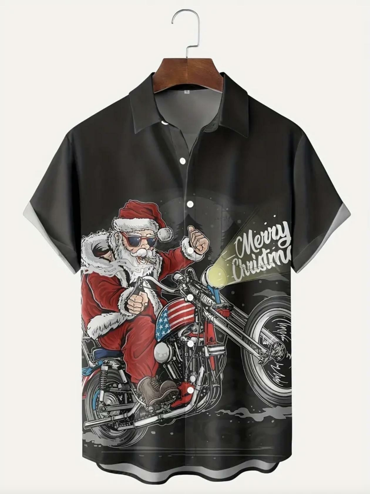 Christmas Santa Claus Motorcycle Mens Dress Shirt Short Sleeve Size Large