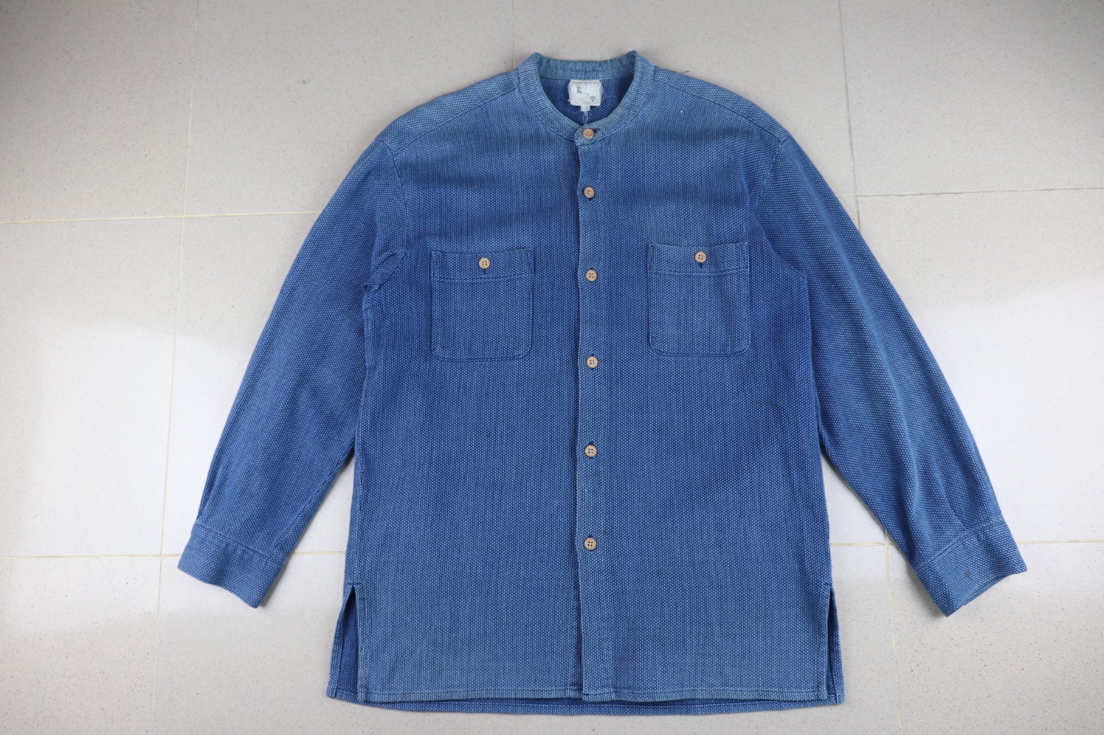 Vintage Japanese Indigo Sashiko Shirt Mandarin Collar Made in Japan Cotton Sz L
