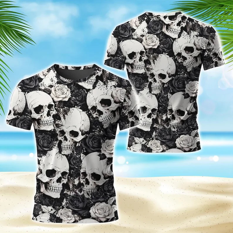 Gothic Skulls and Roses Black White All Over Print Men’s T-Shirt Tee