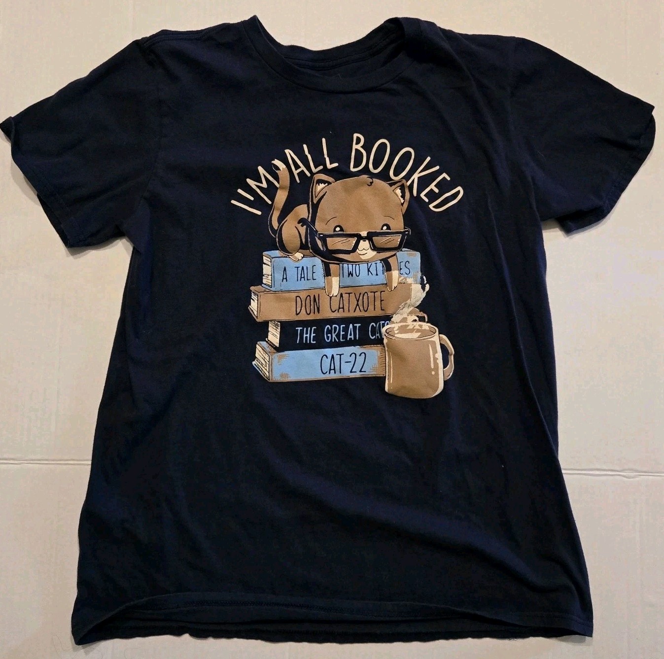 I’m All Booked Cat Snorg Tee Shirt Library Booktok Reading Nerd Men Medium Blue