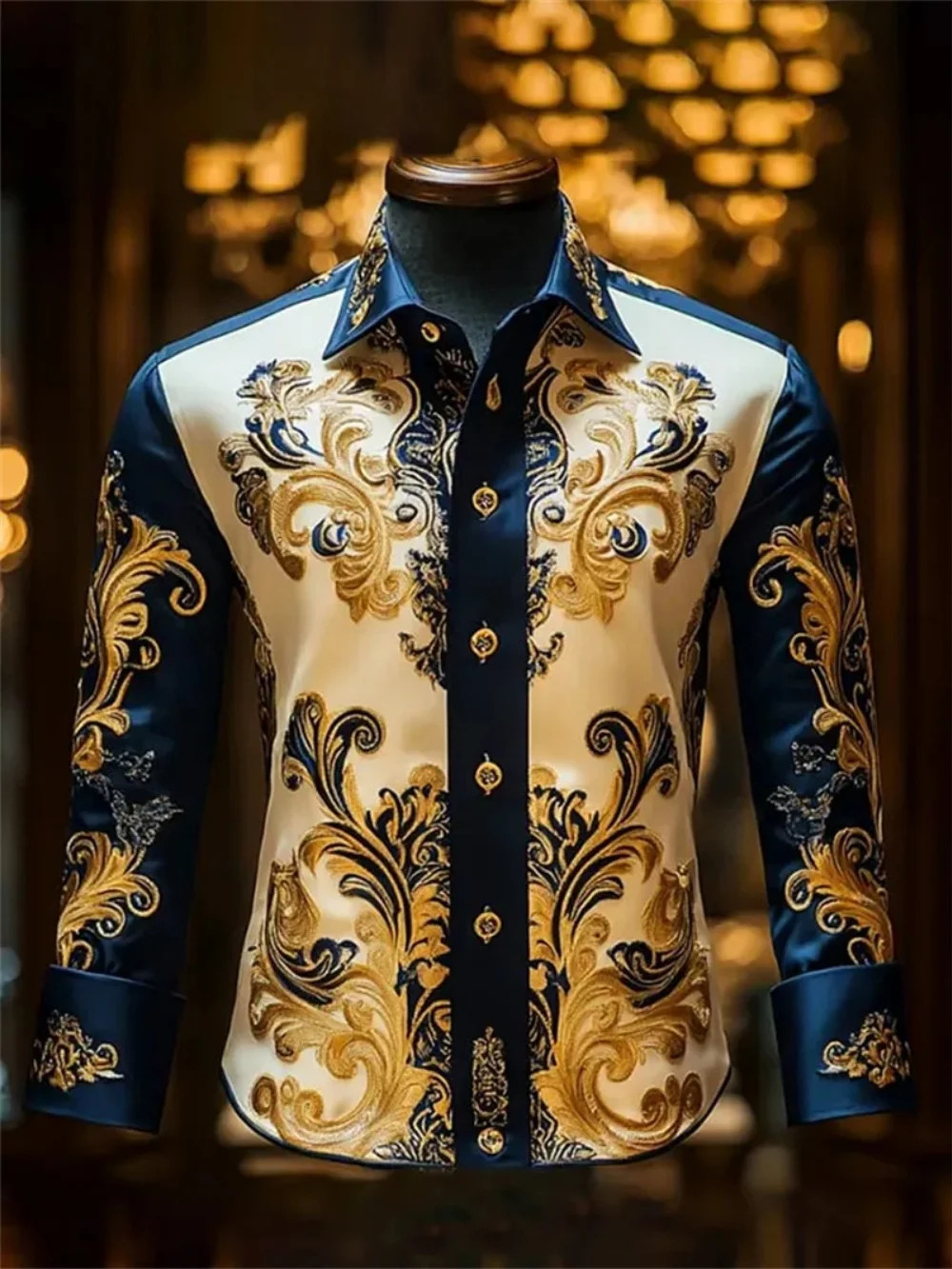 Men’s Luxury Baroque Lion 3D Print Long Sleeve Button Up Shirt Floral Casual Top