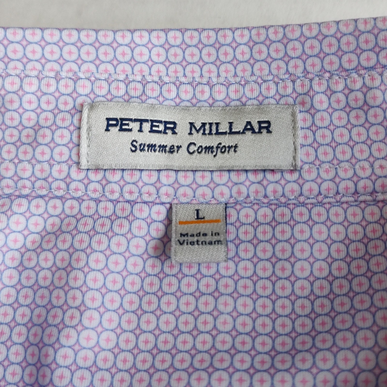 Peter Millar Summer Comfort Flamingo Polo Shirt Mens L Geometric AOP Swag Golf