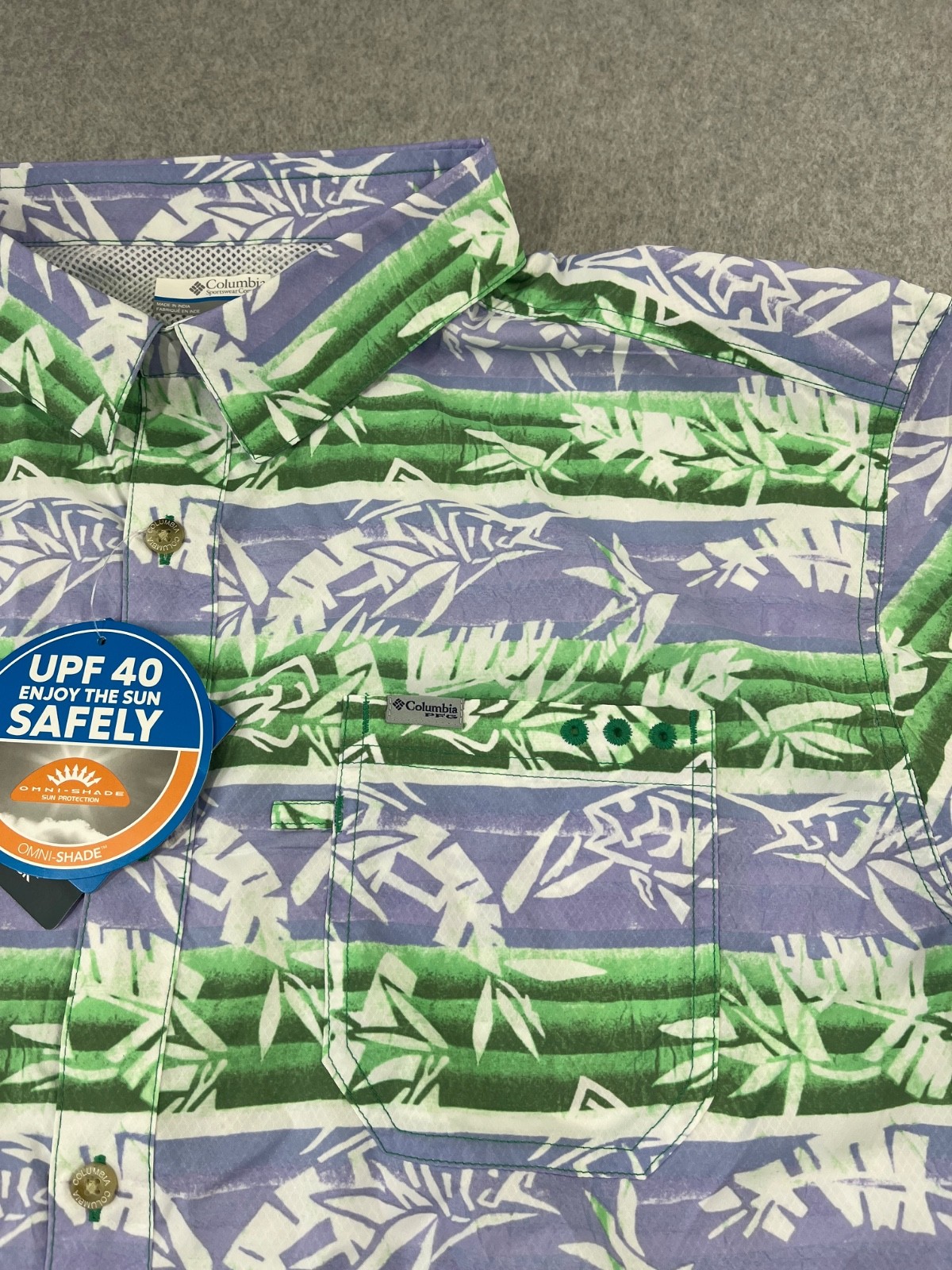 Columbia PFG Super Slack Tide Camp Shirt Mens 2XL Green Short Sleeve Omni Wick