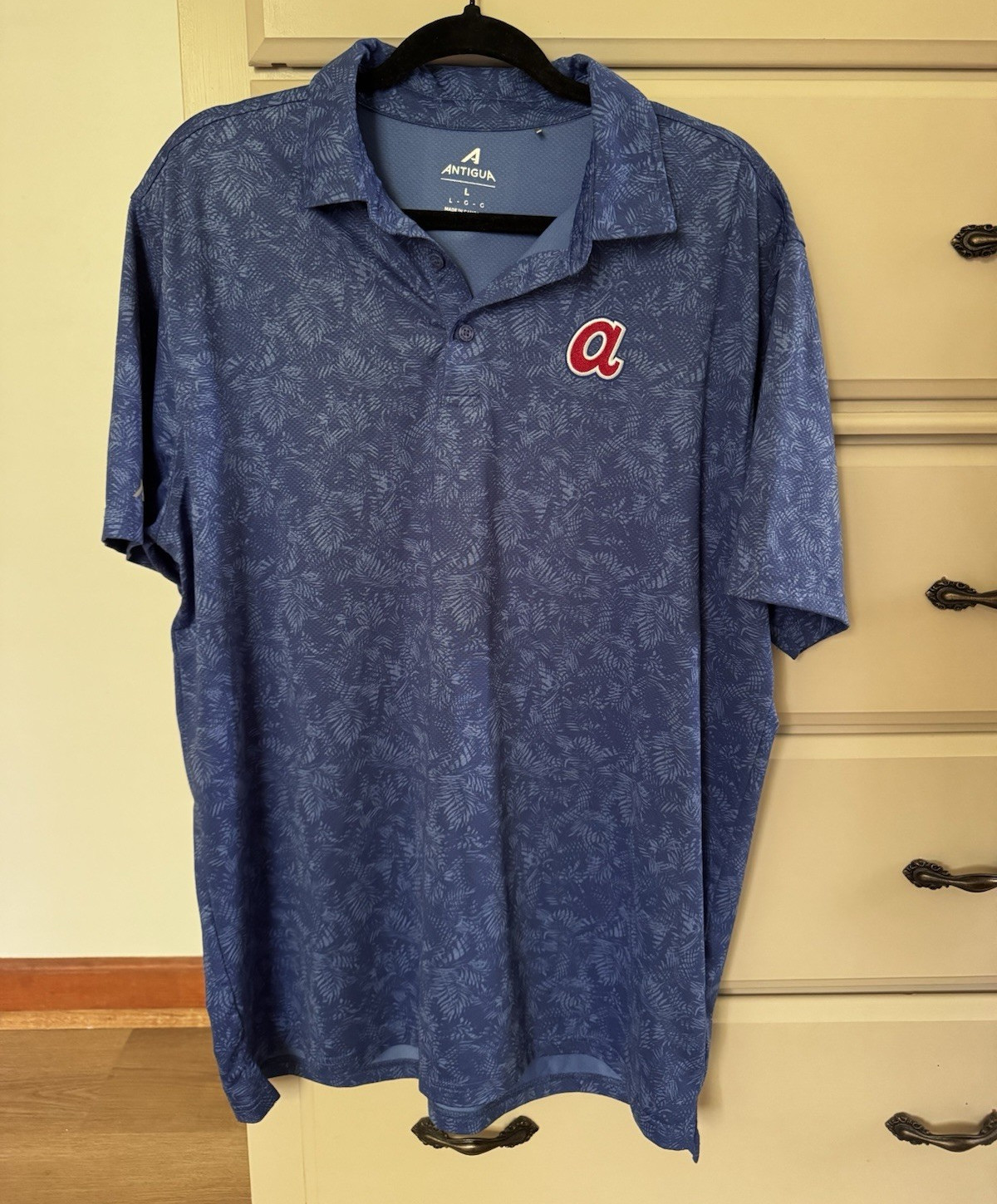 Antigua Men’s Blue Floral Short Sleeve Polo Shirt L Polyester/Spandex Logo
