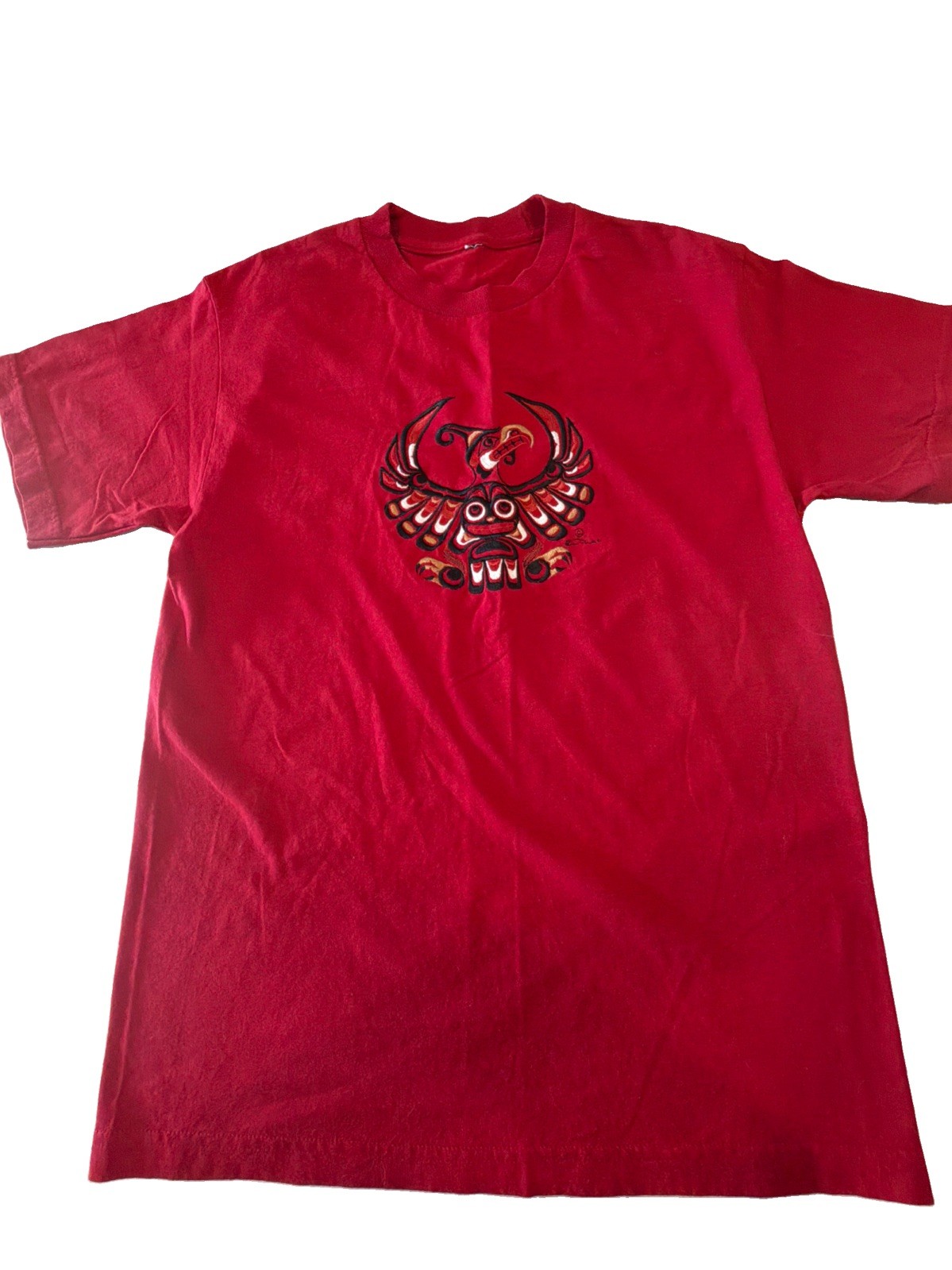 Vintage 1994 Beau Dick Thunderbird Owl Native Art Embroidered T-Shirt NW Alaska