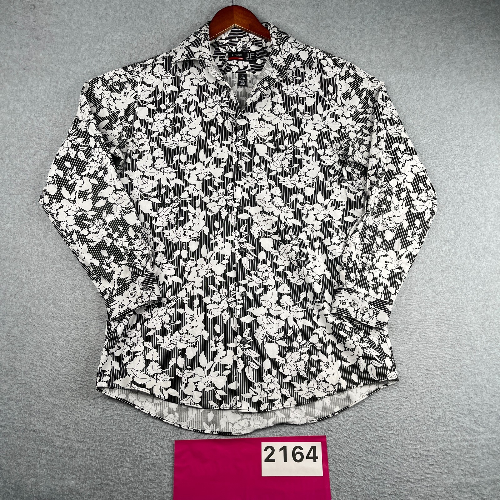 Black & White Floral Print Long Sleeve Casual Shirt J.Ferrar Stretch Mens Medium
